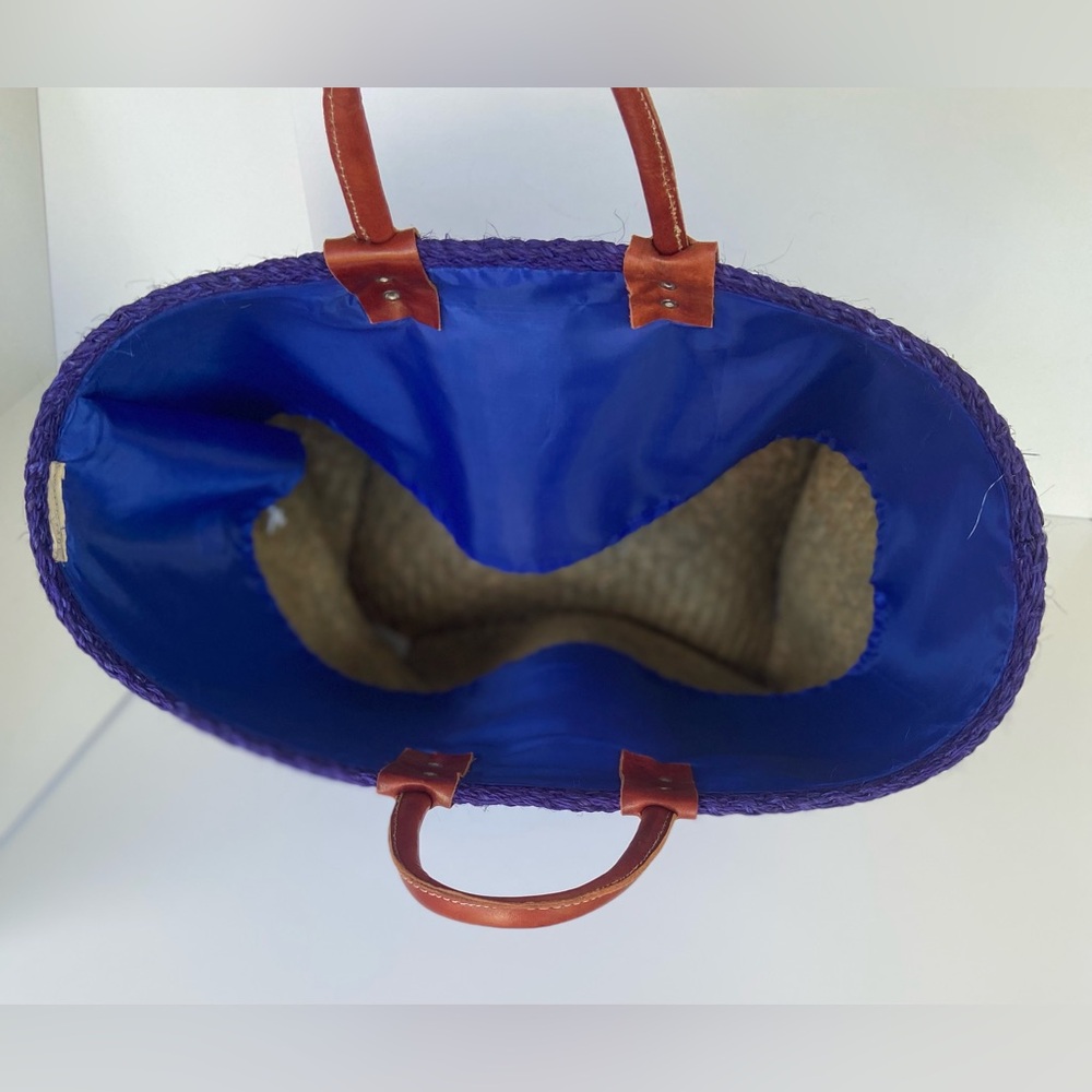 LOVESTITCH Woven Multi-Striped Tote Basket Bag, with Hand-cut Leather Handles - Picture 8 of 12